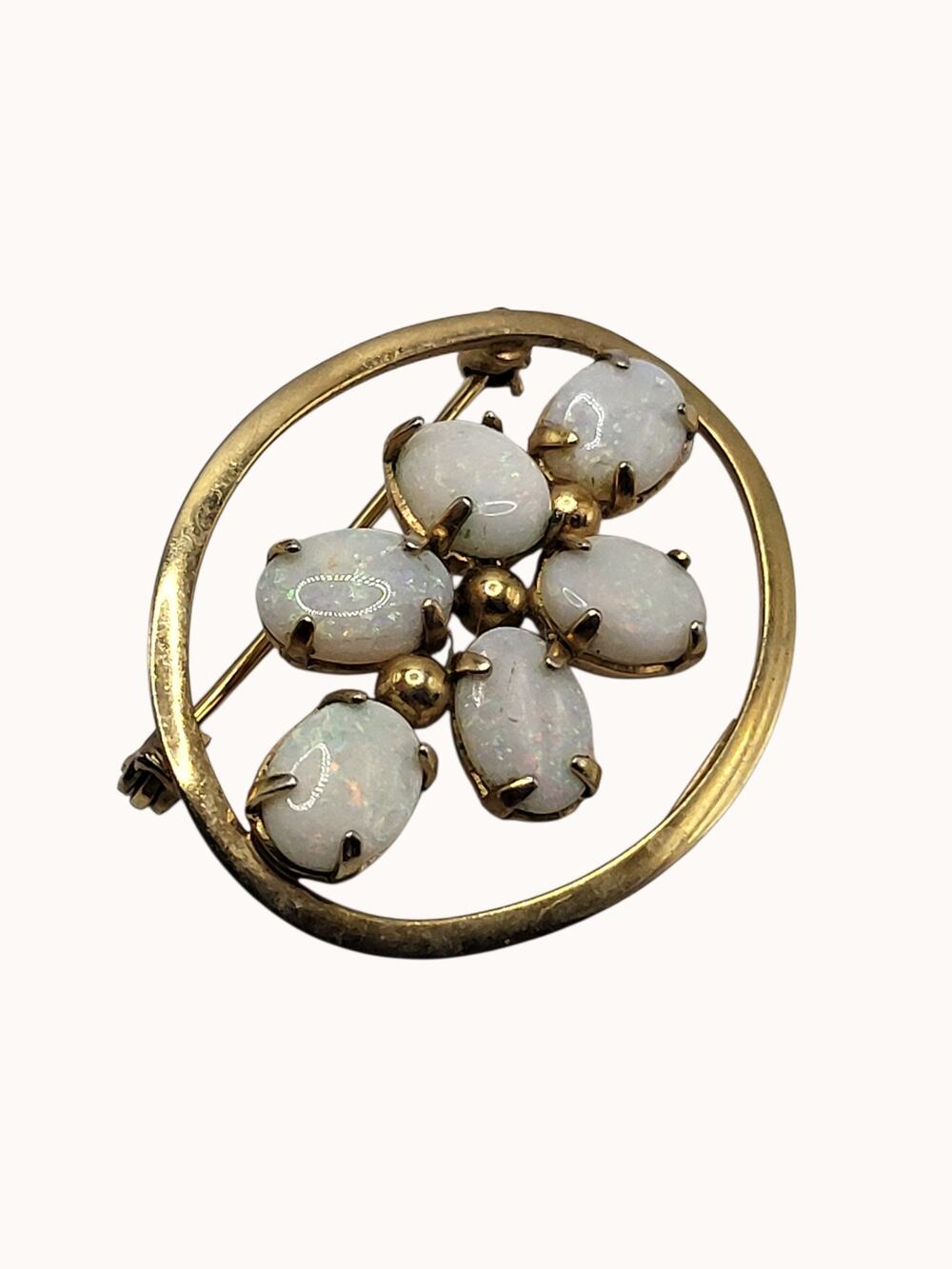 Vintage 1/20 12K GF Opal Glass Floral Circle Brooch Gold Filled